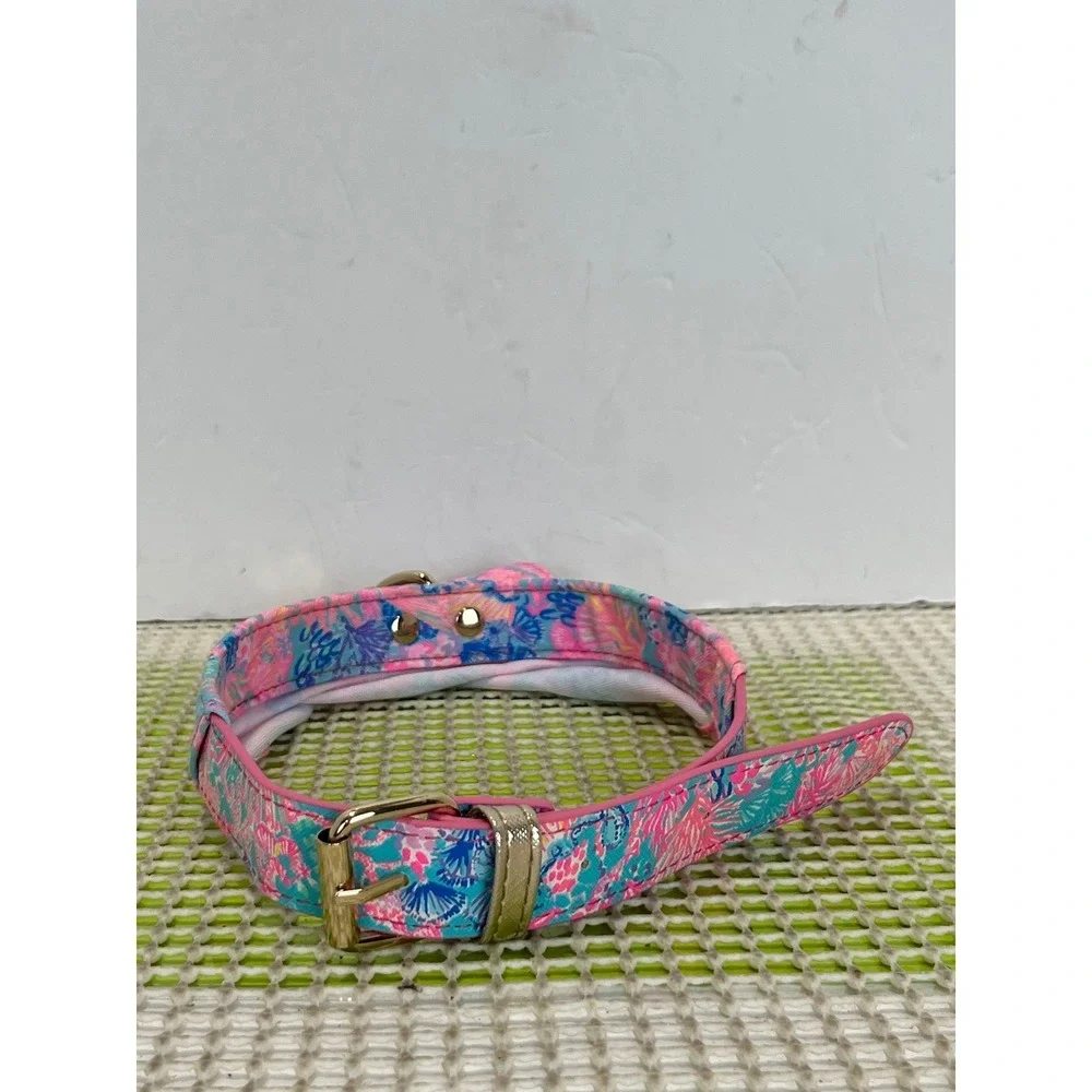 Lilly Pulitzer Dog Collar Pink‎ Blue Floral Shell Print Gold Buckle 24.5in